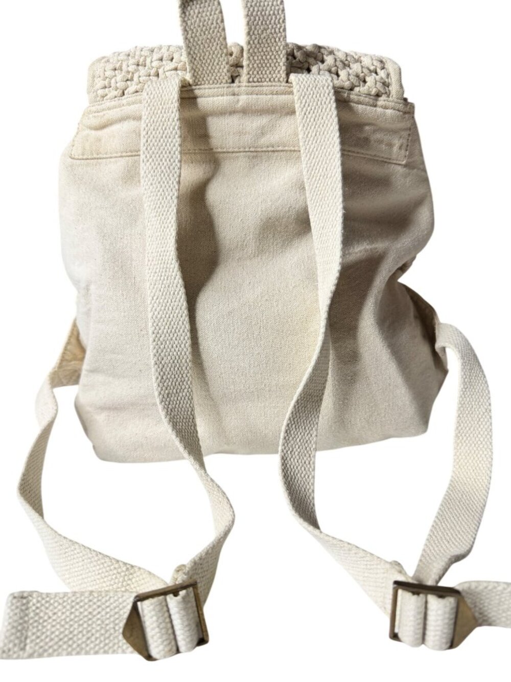 Handmade Macrame Backpack W/Adjustable Straps Canvas Back & Drawstring Closure - Picture 3 of 11